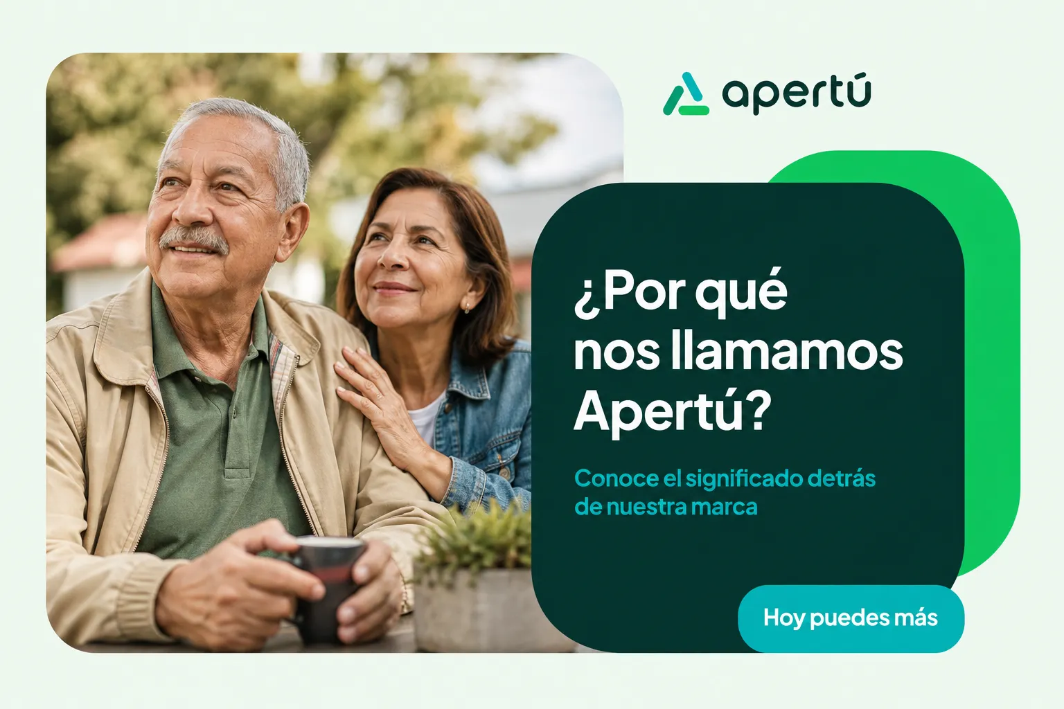 Logotipo de Apertú con una pareja de adultos mayores conversando, representando el significado de la marca